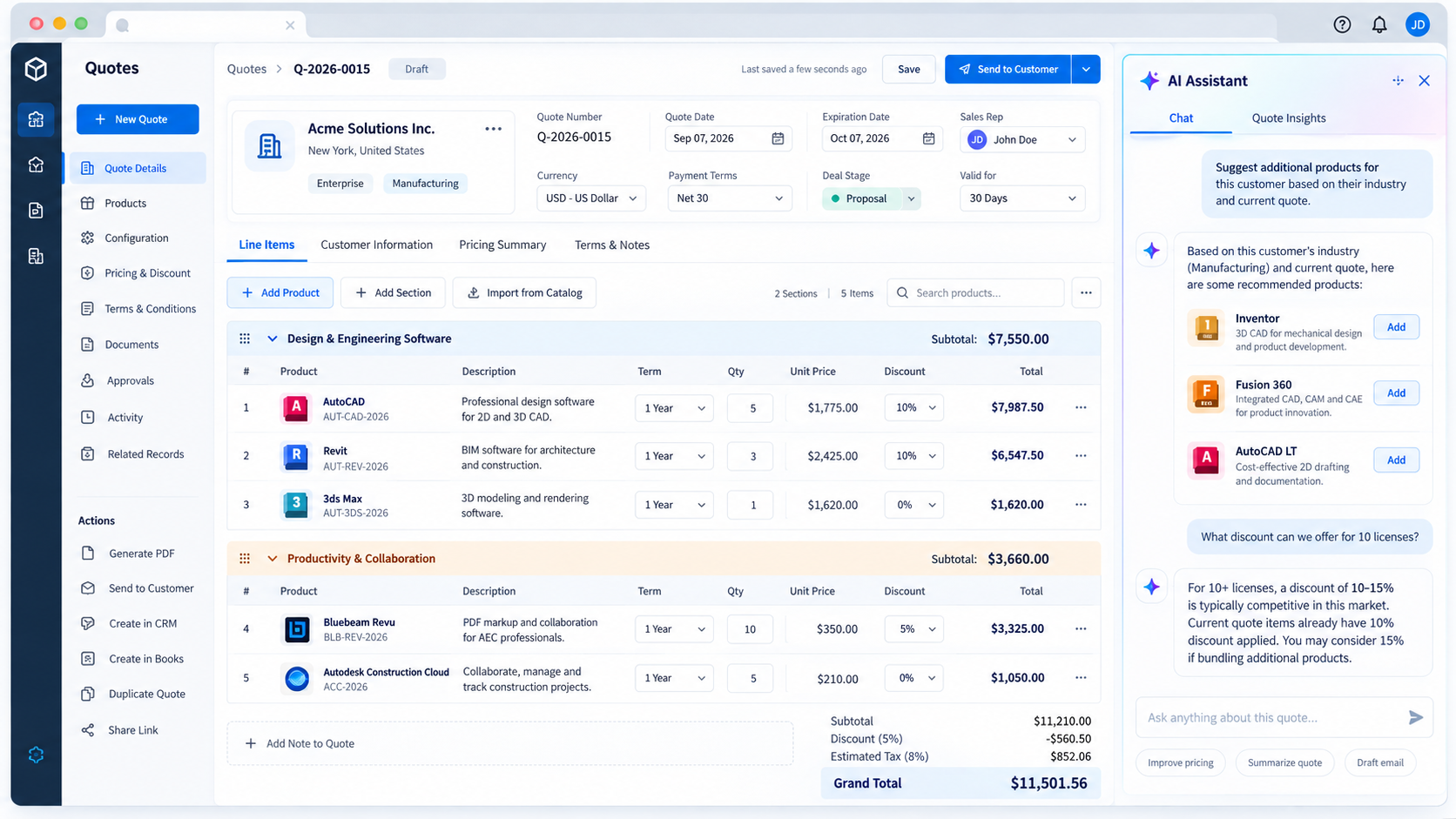 The rebuilt CPQ quote workspace inside Zoho Creator: action rail, three-column quote details and AI panel